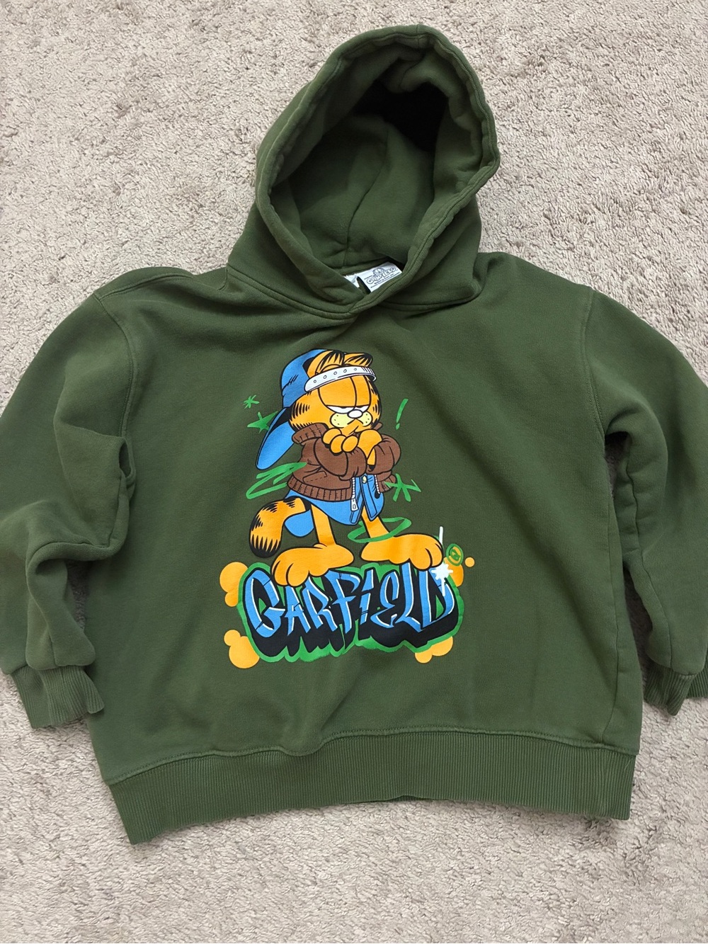 Zara Boys Green Hoodie with Colorful Garfield Graphic